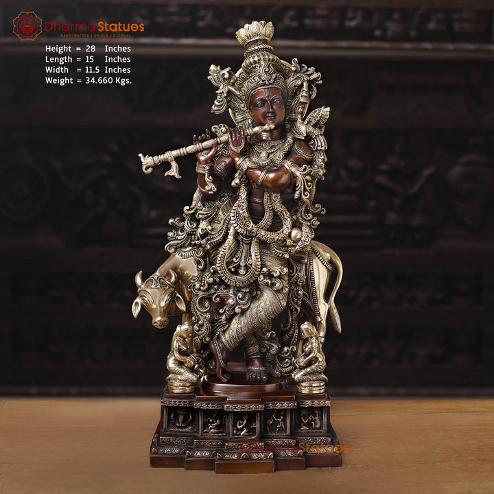 Brass Cow Krishna, Lord Shri Krishna is Standing on a Platform. 28" Front View