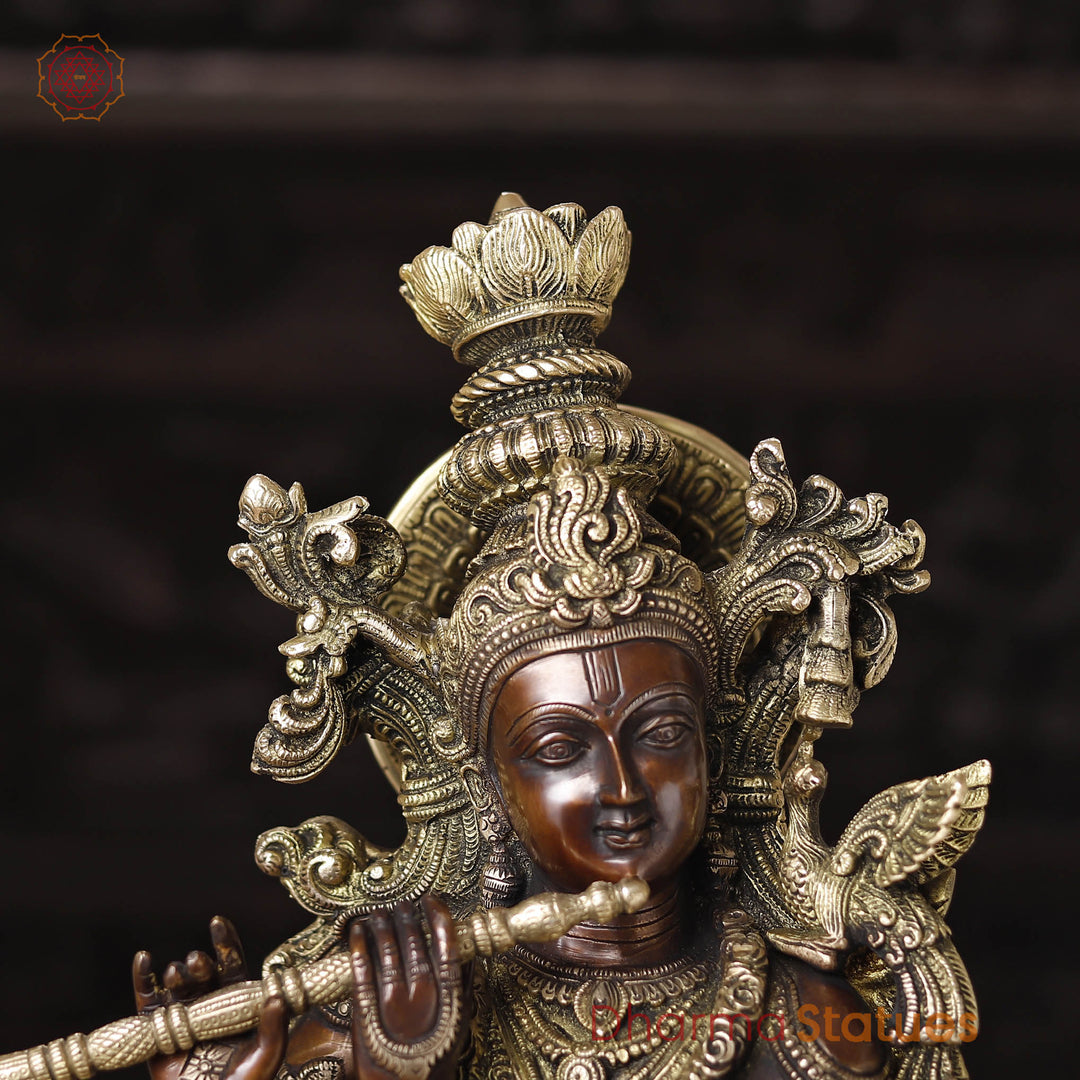 Brass Krishna Statue with Cow, Playing Flute, Golden & Copper Finish, 28"