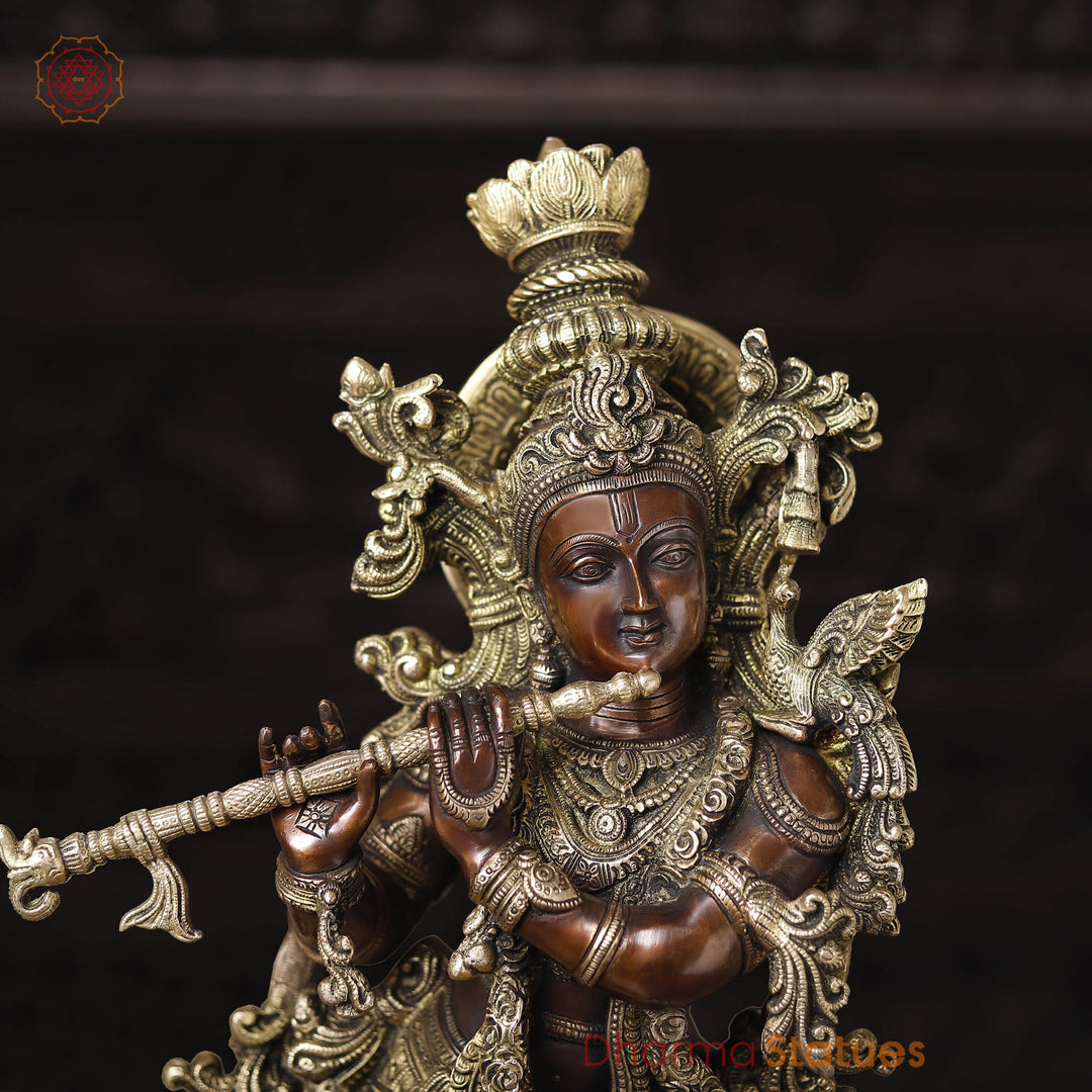 Brass Krishna Statue with Cow, Playing Flute, Golden & Copper Finish, 28"