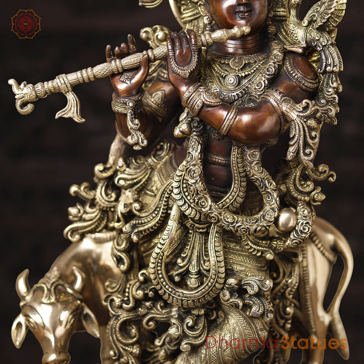 Brass Krishna Statue with Cow, Playing Flute, Golden & Copper Finish, 28"