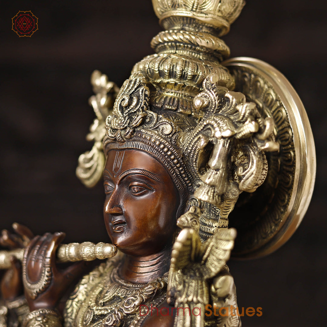 Brass Krishna Statue with Cow, Playing Flute, Golden & Copper Finish, 28"