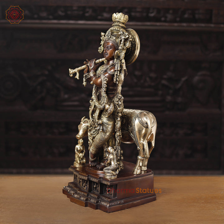 Brass Krishna Statue with Cow, Playing Flute, Golden & Copper Finish, 28"