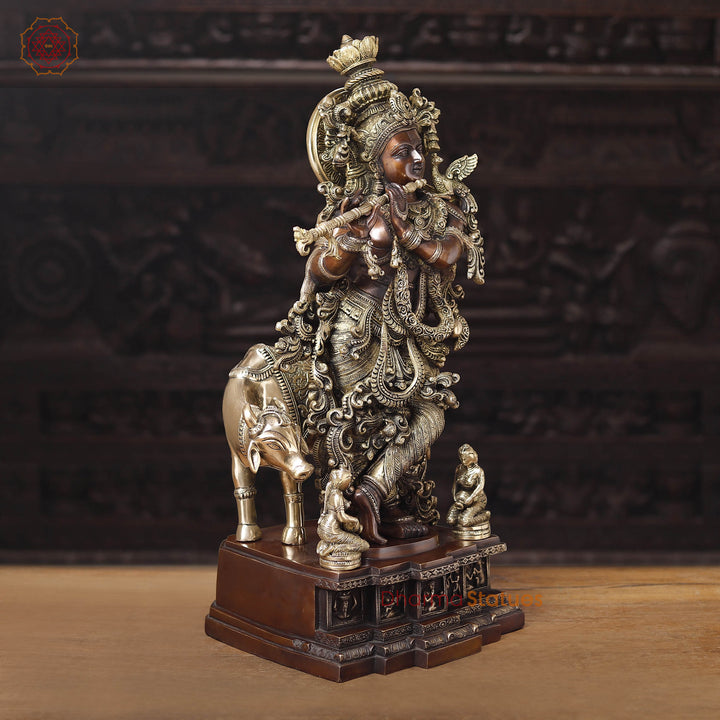 Brass Krishna Statue with Cow, Playing Flute, Golden & Copper Finish, 28"