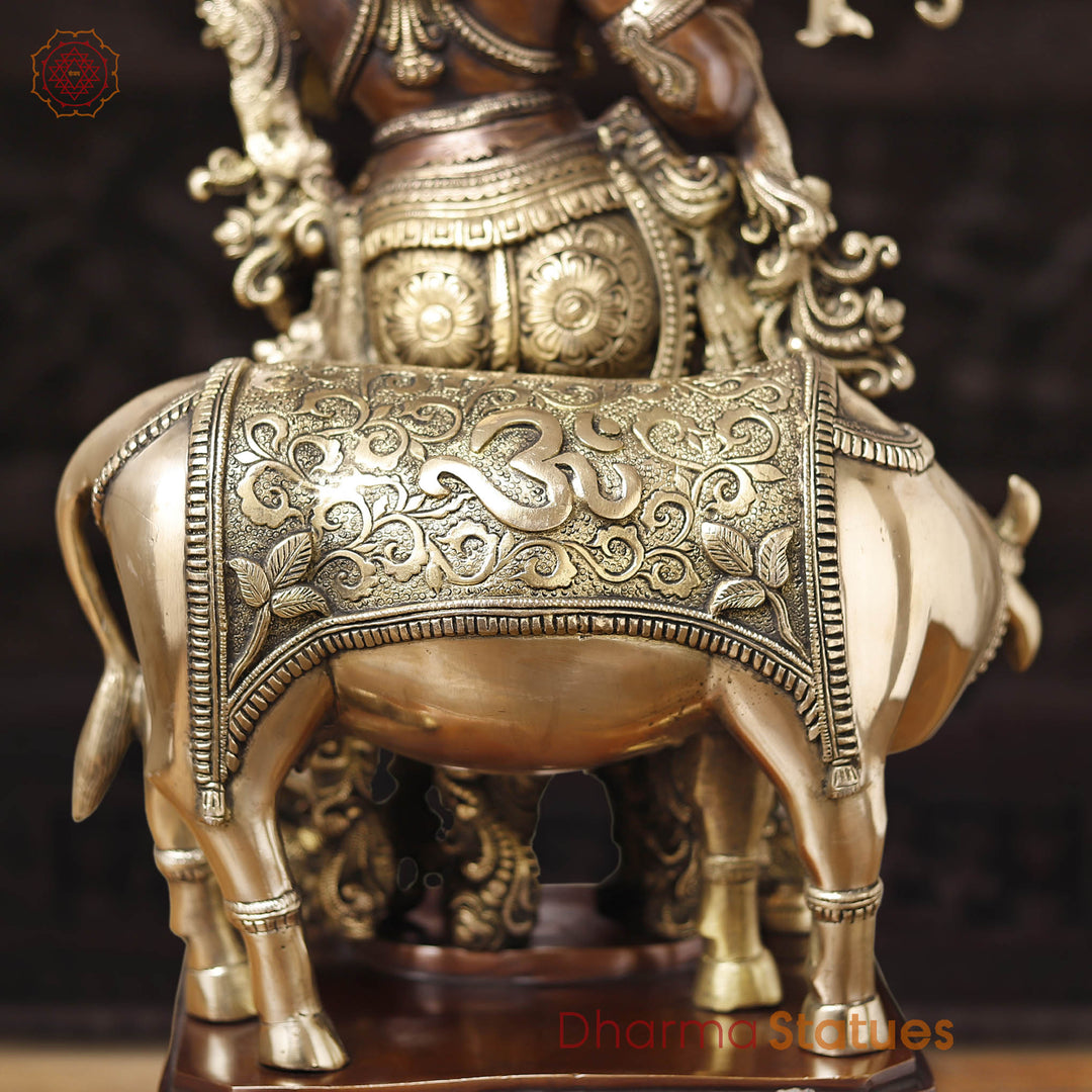 Brass Krishna Statue with Cow, Playing Flute, Golden & Copper Finish, 28"