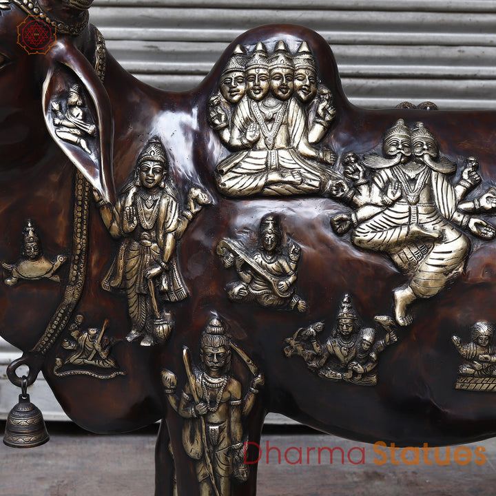 Brass Kamadhenu Cow with Calf, Crafted with Universe on the Body, Rich Copper & Golden Finish, 50"