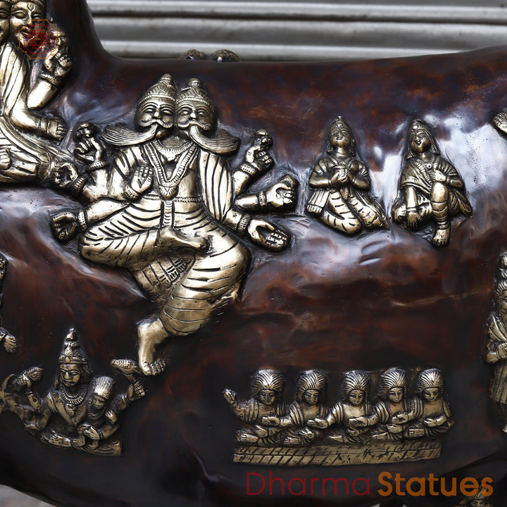 Brass Kamadhenu Cow with Calf, Crafted with Universe on the Body, Rich Copper & Golden Finish, 50"