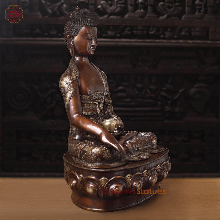 Brass Buddha Statue, Seated on a Lotus, copper finish 34"