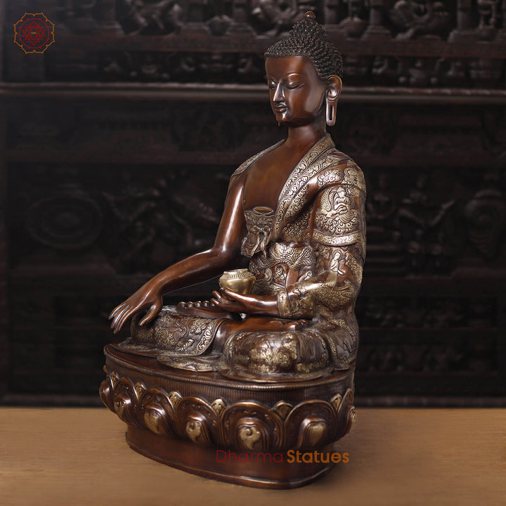 Brass Buddha Seated Life Story Chiseled on Body, copper finish, 34" left view