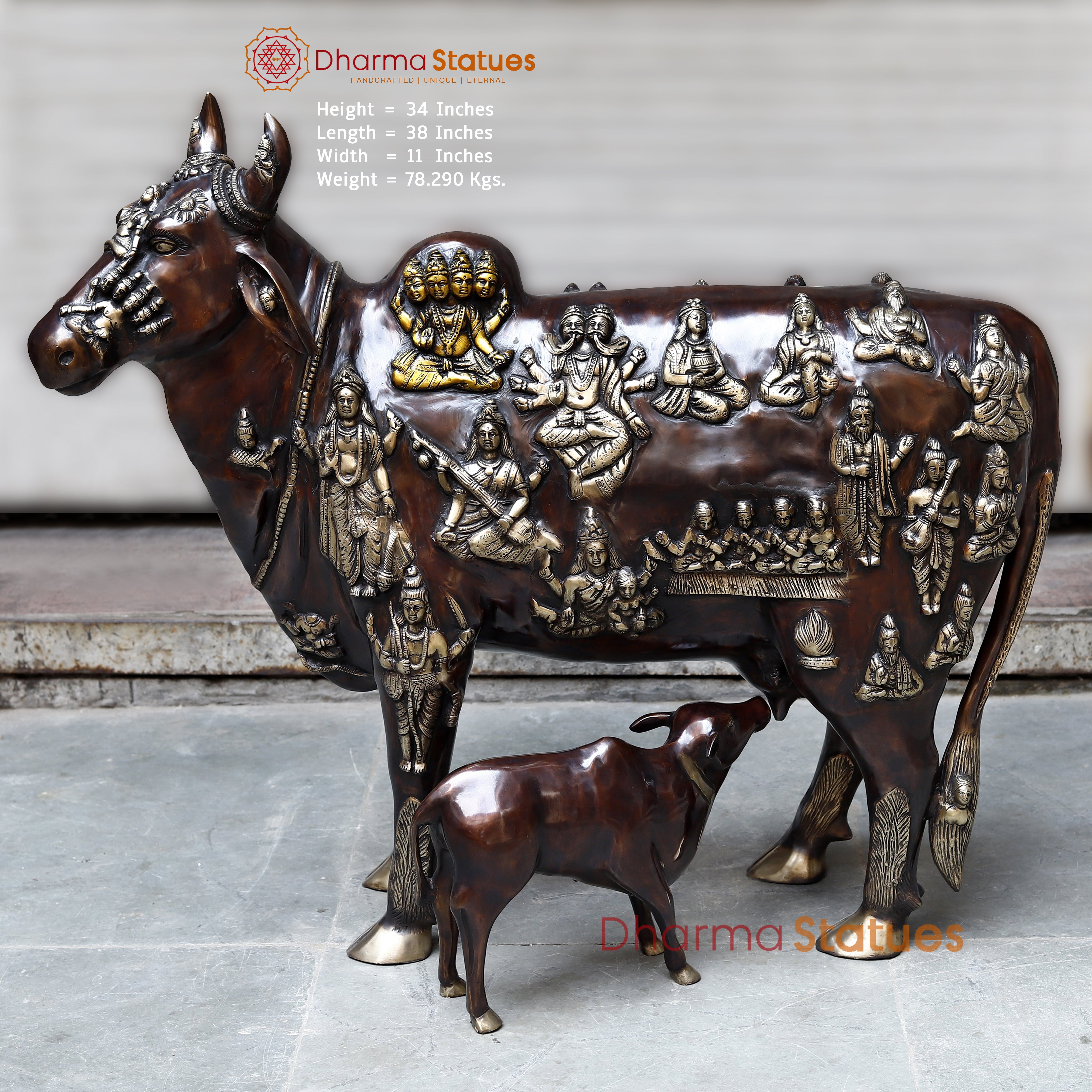 Brass Kamadhenu Cow with Calf, Crafted with Universe on the body, Rich ...