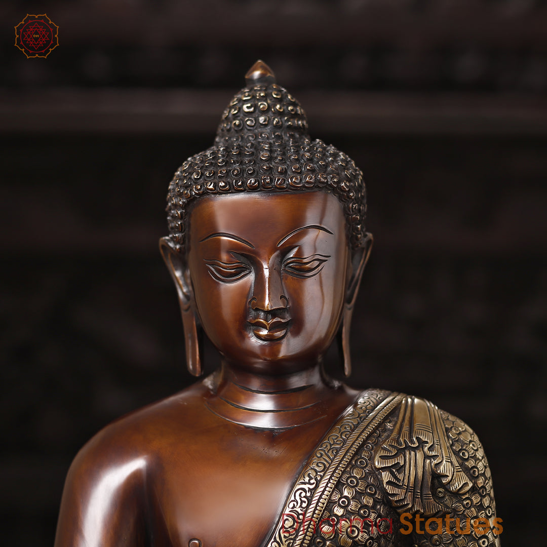 Brass Buddha Idol, seated on a Lotus, Fine Copper Finish 22"