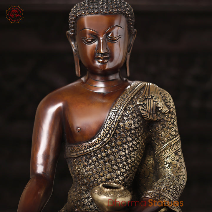 Brass Buddha Idol, seated on a Lotus, Fine Copper Finish 22"