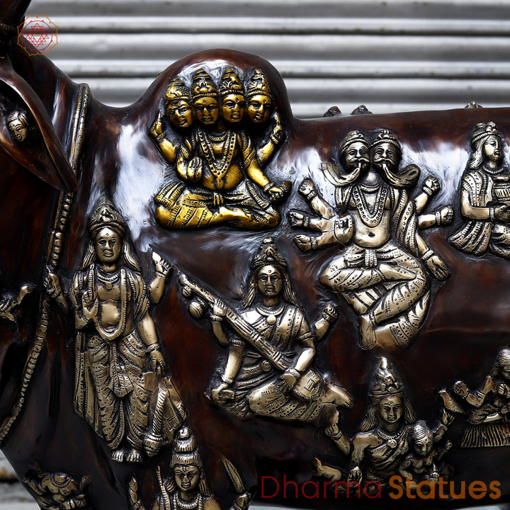 Brass Kamadhenu Cow with Calf, Crafted with Universe on the body, Rich Copper & Golden Finish, 34"