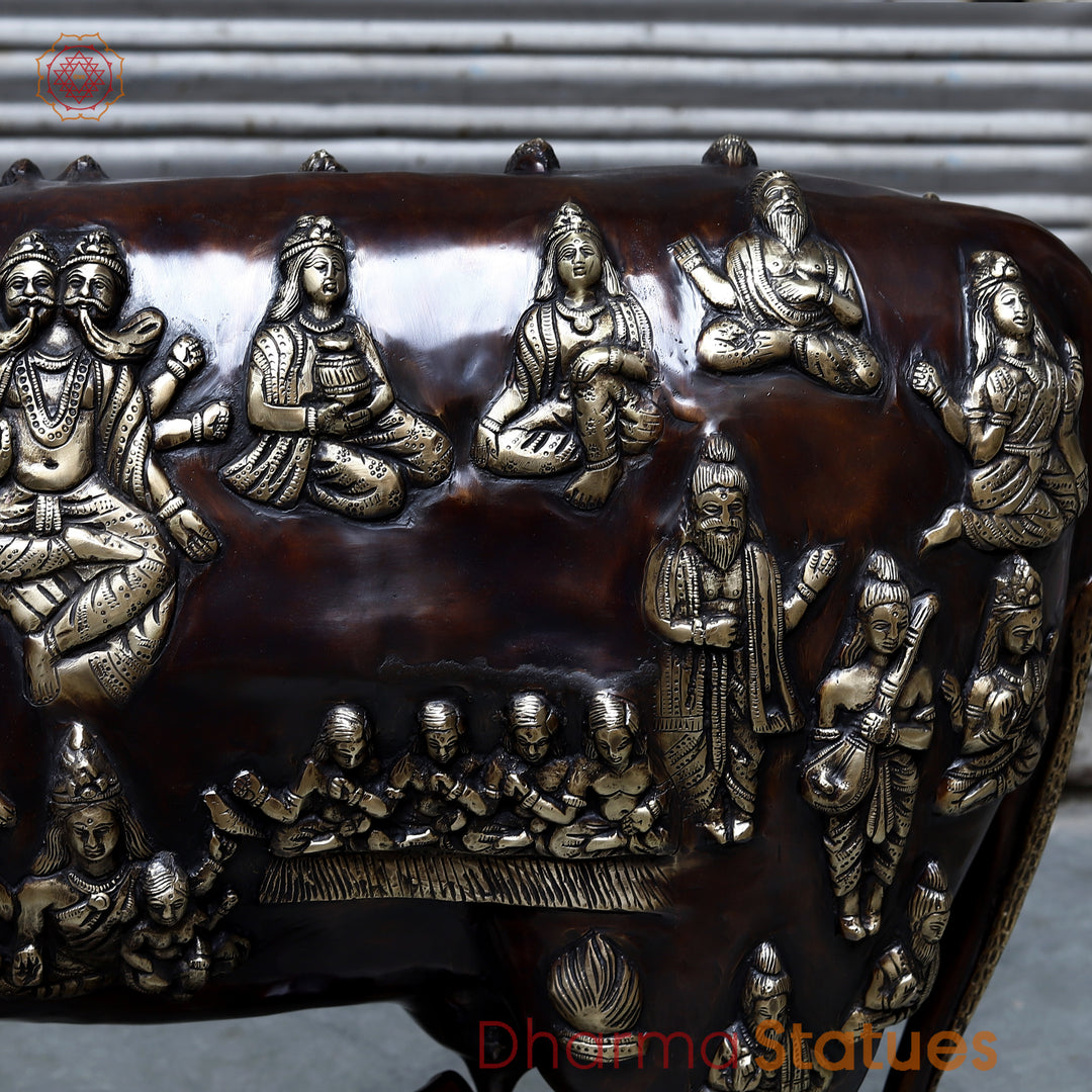 Brass Kamadhenu Cow with Calf, Crafted with Universe on the body, Rich Copper & Golden Finish, 34"