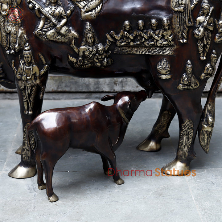 Brass Kamadhenu Cow with Calf, Crafted with Universe on the body, Rich Copper & Golden Finish, 34"