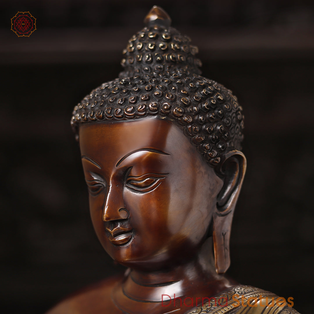 Brass Buddha Idol, seated on a Lotus, Fine Copper Finish 22"