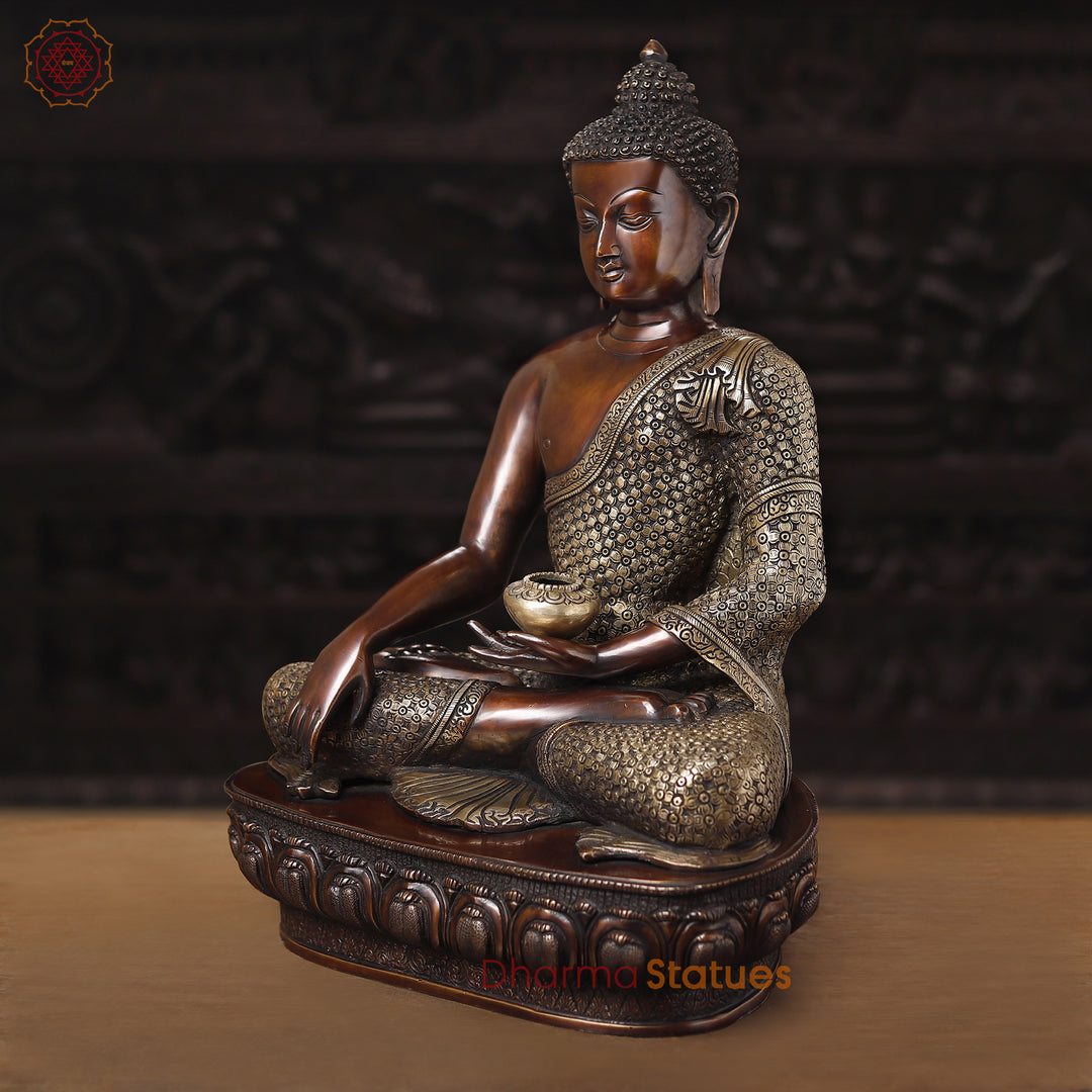 Brass Buddha Idol, seated on a Lotus, Fine Copper Finish 22"