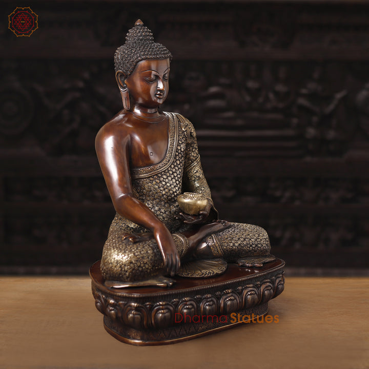 Brass Buddha Idol, seated on a Lotus, Fine Copper Finish 22"