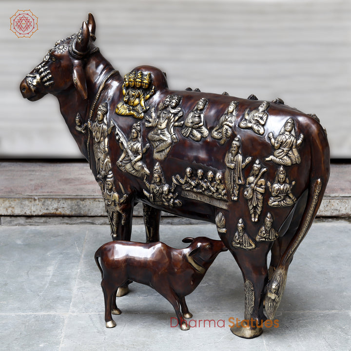 Brass Kamadhenu Cow with Calf, Crafted with Universe on the body, Rich Copper & Golden Finish, 34"