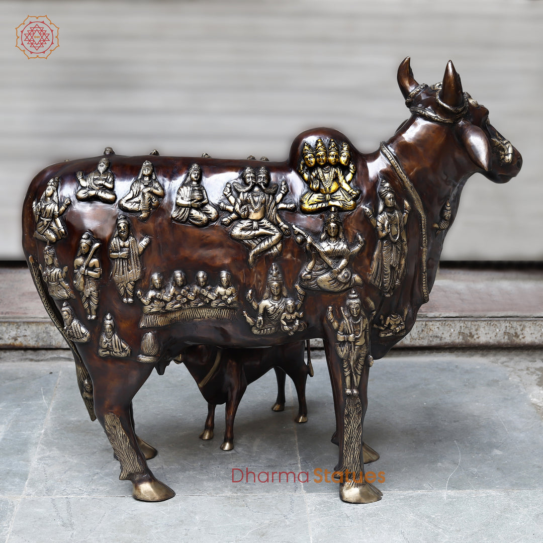 Brass Kamadhenu Cow with Calf, Crafted with Universe on the body, Rich Copper & Golden Finish, 34"