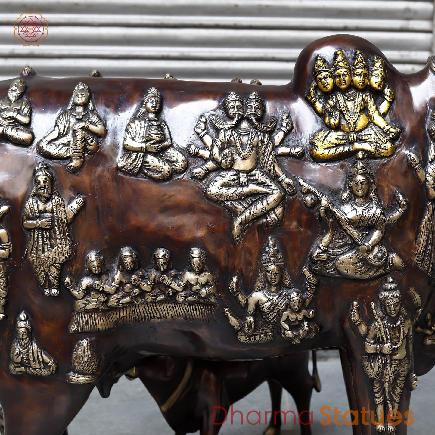 Brass Kamadhenu Cow with Calf, Crafted with Universe on the body, Rich Copper & Golden Finish, 34"