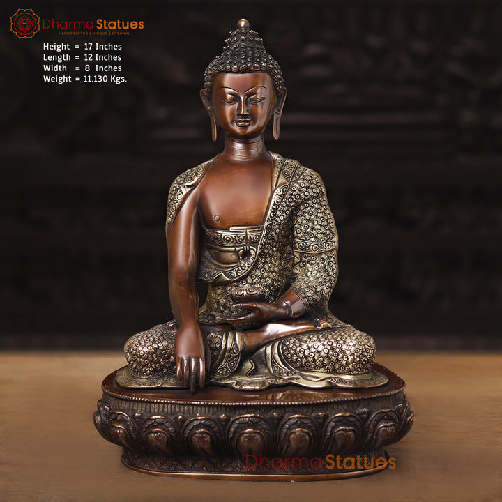 Brass Buddha Idol, seated, Full carved Fine Copper & gold 17" Front View