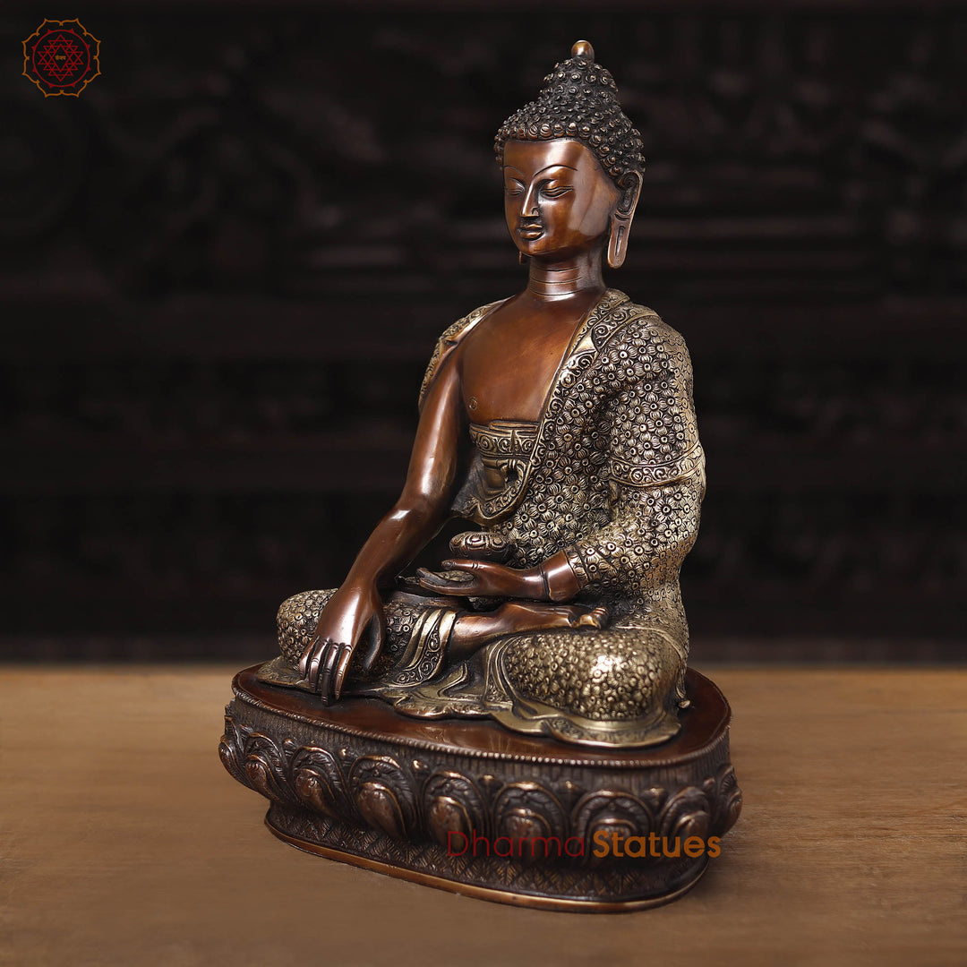 Brass Buddha Statue, carved, Fine Copper & gold Finish 17"