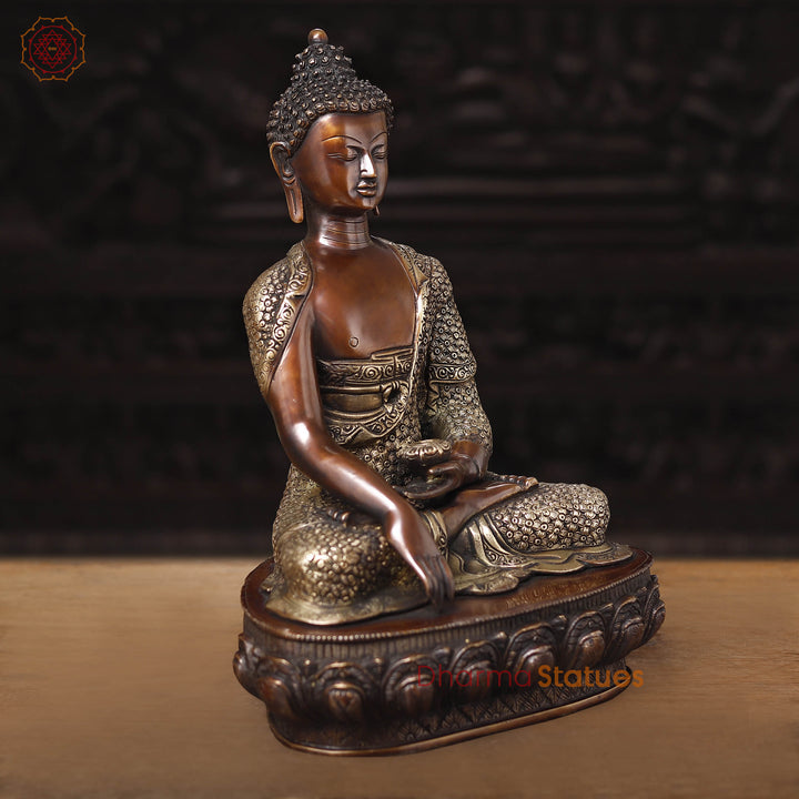 Brass Buddha Statue, carved, Fine Copper & gold Finish 17"