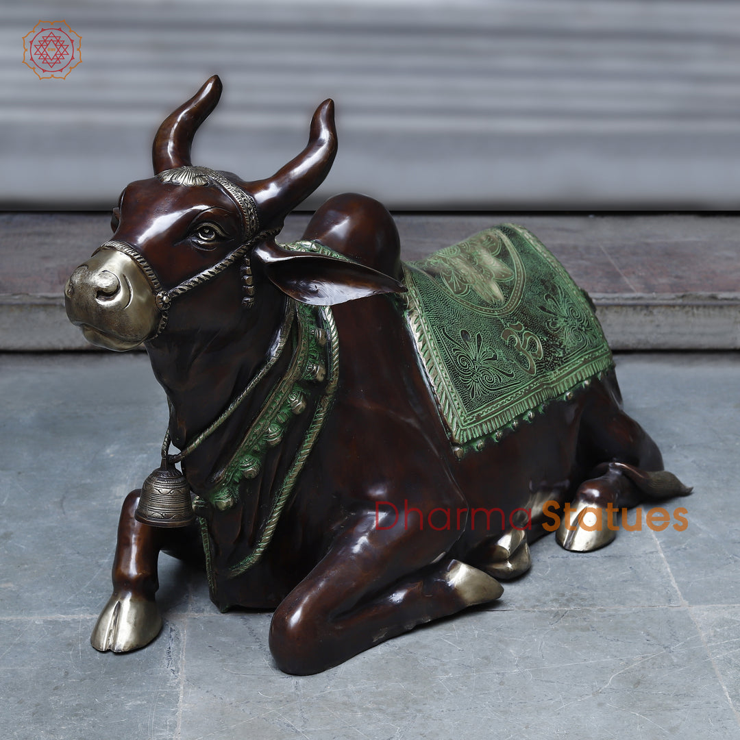 Brass Nandi Seated With Bell , Antique Green & Copper Finish, 38"