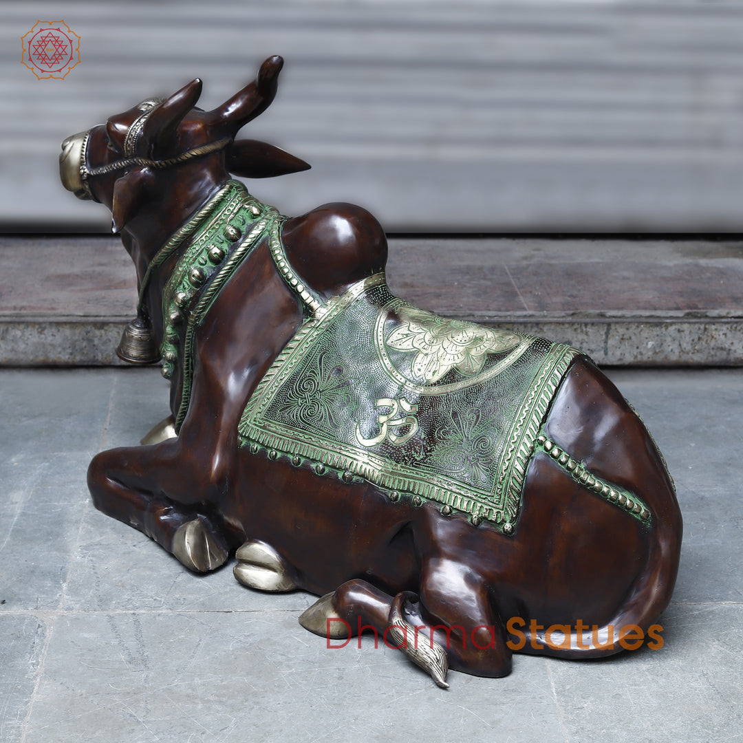 Brass Nandi Seated With Bell , Antique Green & Copper Finish, 38"