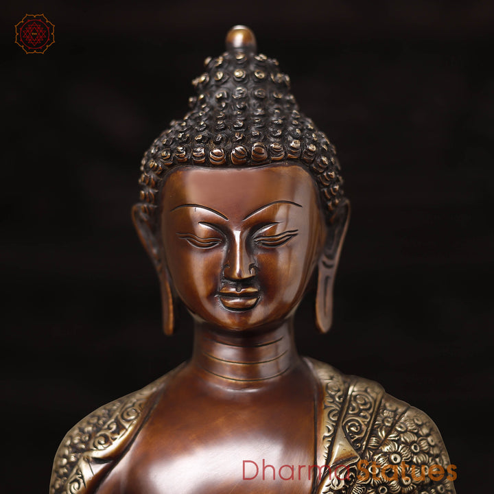 Brass Buddha Statue, carved, Fine Copper & gold Finish 17"