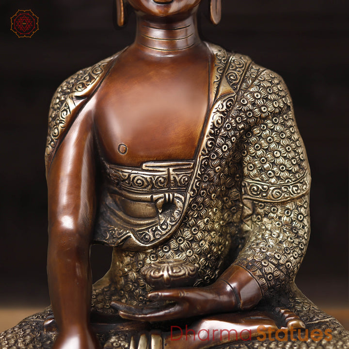 Brass Buddha Statue, carved, Fine Copper & gold Finish 17"