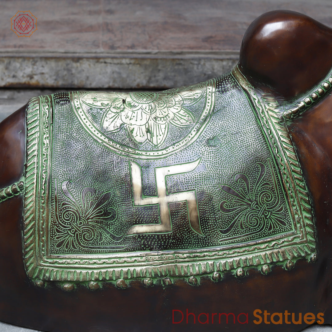 Brass Nandi Seated With Bell , Antique Green & Copper Finish, 38"