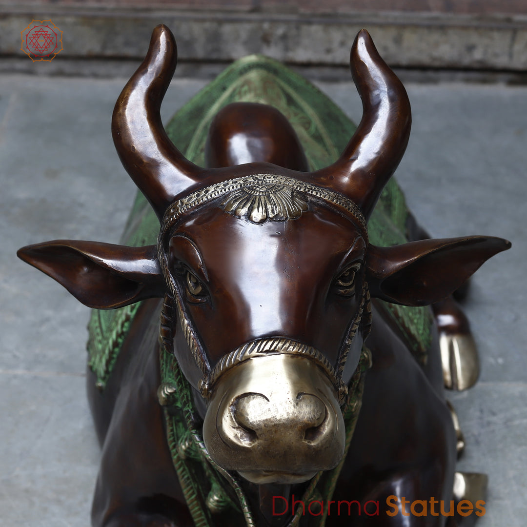 Brass Nandi Seated With Bell , Antique Green & Copper Finish, 38"