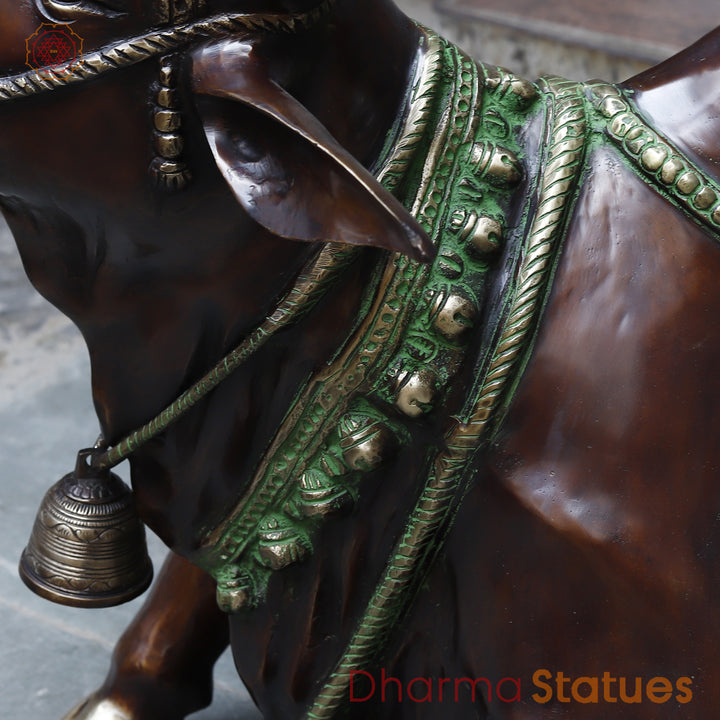 Brass Nandi Seated With Bell , Antique Green & Copper Finish, 38"