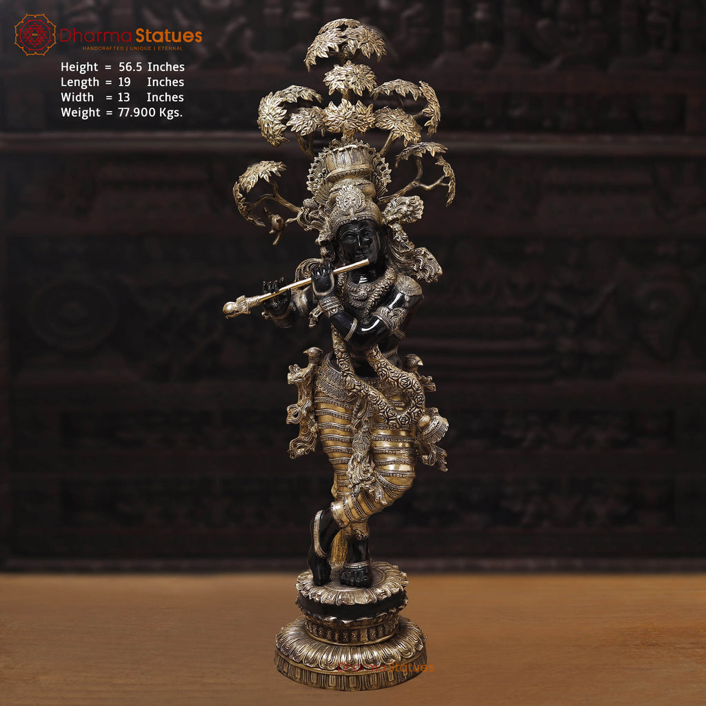 Brass Tree Krishna, Statue Depicts Krishna Standing Under a Beautiful Tree. 56.5" Front View