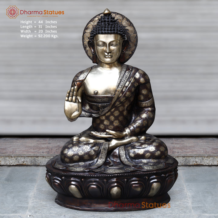 Brass Buddha seated With carving, Copper & Smooth Finish, 44"