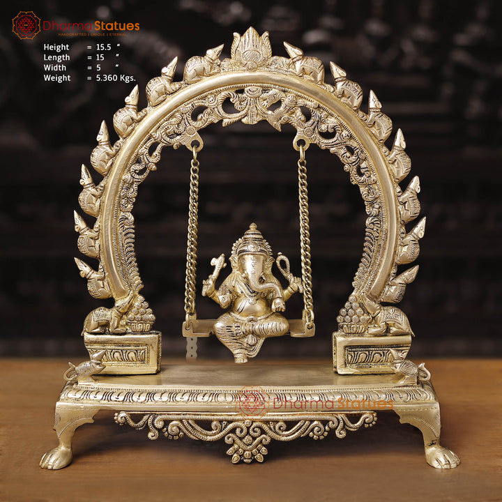 Brass Ganesh Jhula With Rat Frame, Smooth Golden Finish, 15.5"