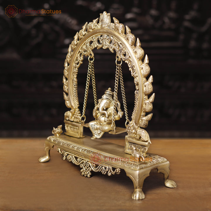 Brass Ganesh Jhula With Rat Frame, Smooth Golden Finish, 15.5"