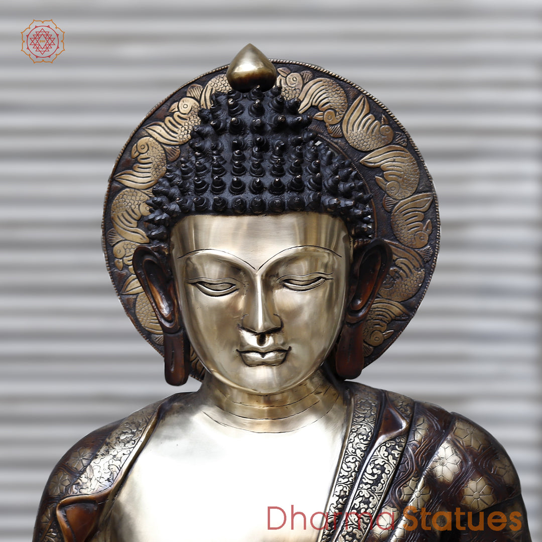 Brass Buddha seated With carving, Copper & Smooth Finish, 44"