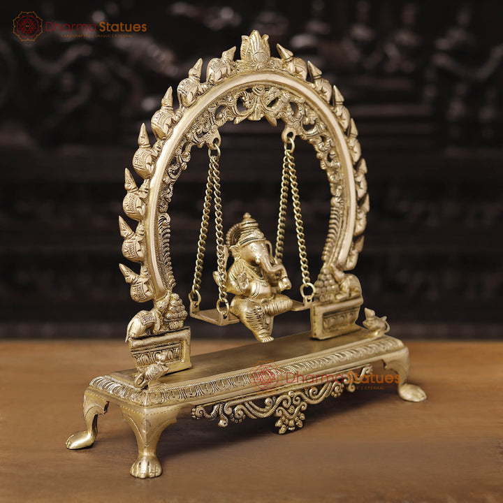 Brass Ganesh Jhula With Rat Frame, Smooth Golden Finish, 15.5"