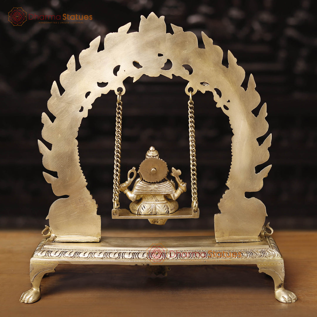 Brass Ganesh Jhula With Rat Frame, Smooth Golden Finish, 15.5"