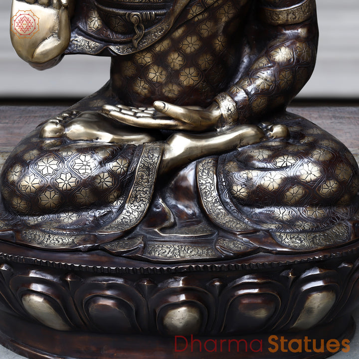 Brass Buddha seated With carving, Copper & Smooth Finish, 44"