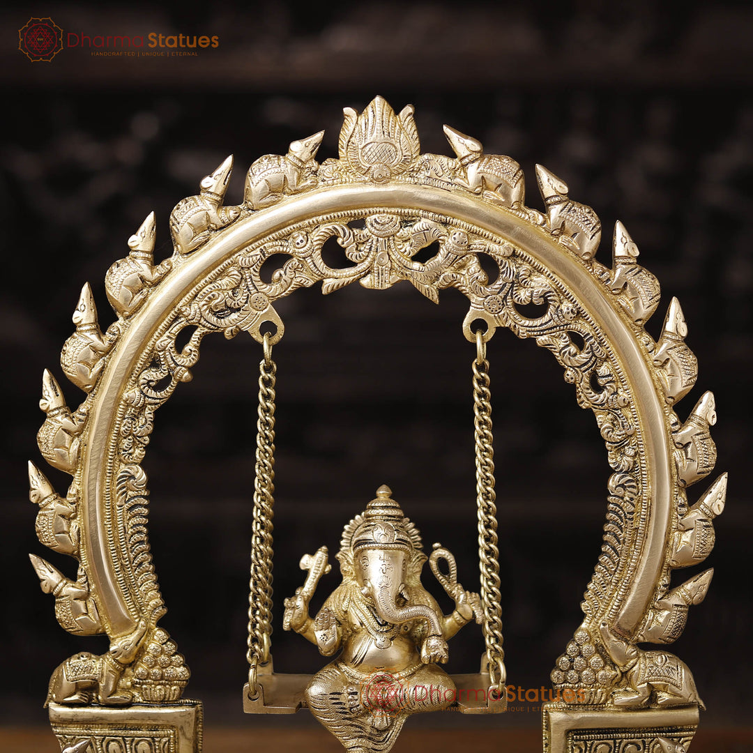 Brass Ganesh Jhula With Rat Frame, Smooth Golden Finish, 15.5"