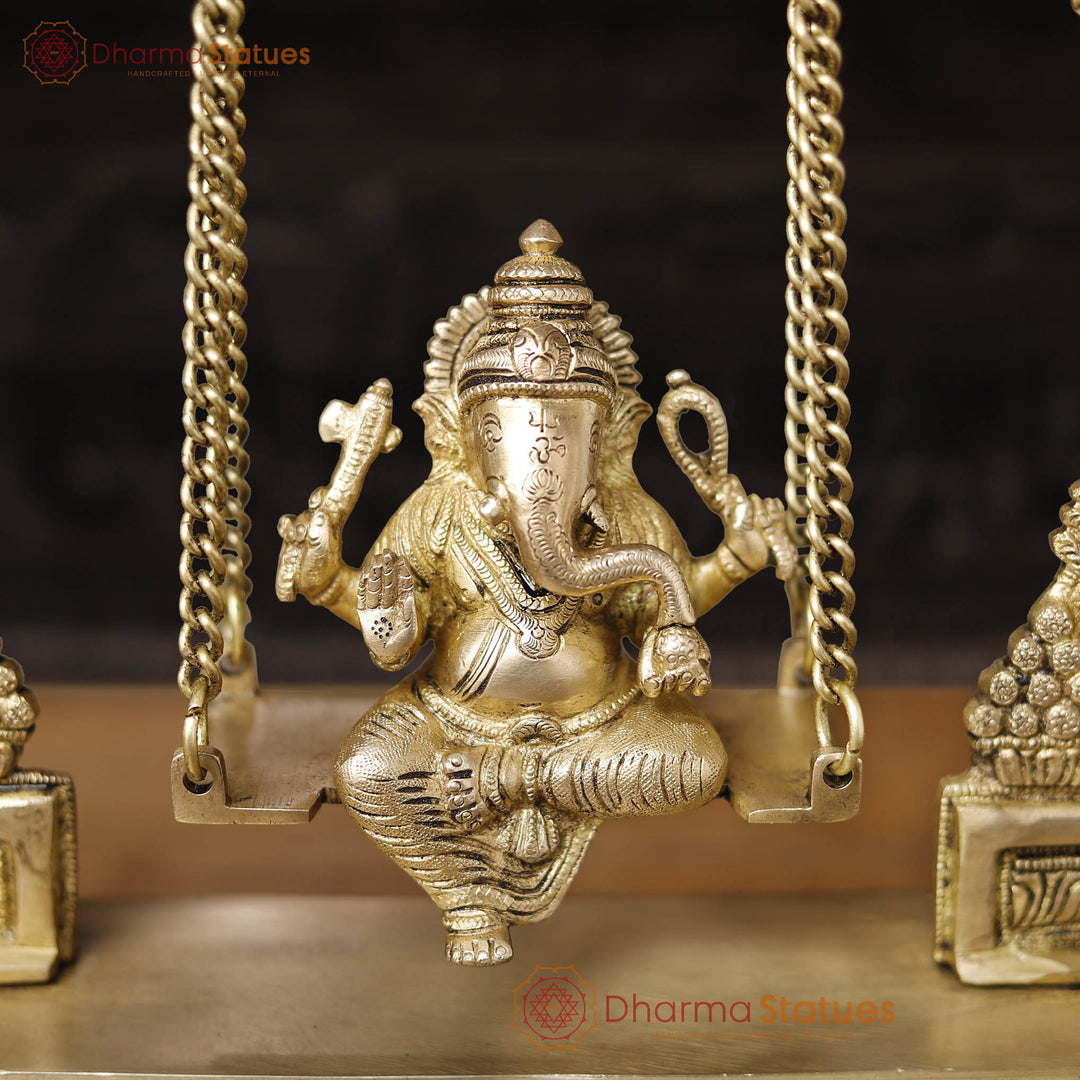 Brass Ganesh Jhula With Rat Frame, Smooth Golden Finish, 15.5"