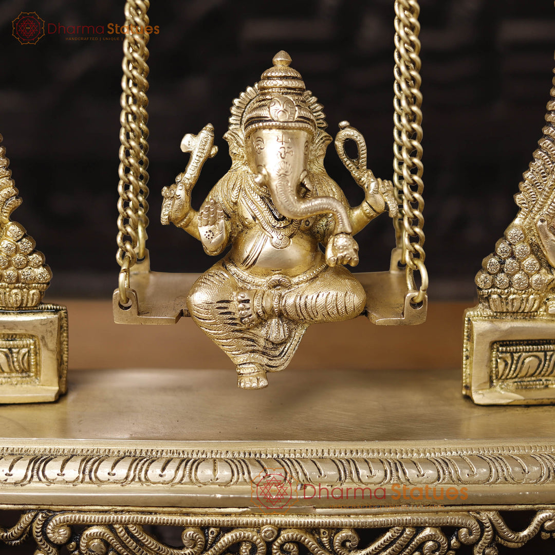 Brass Ganesh Jhula With Rat Frame, Smooth Golden Finish, 15.5"