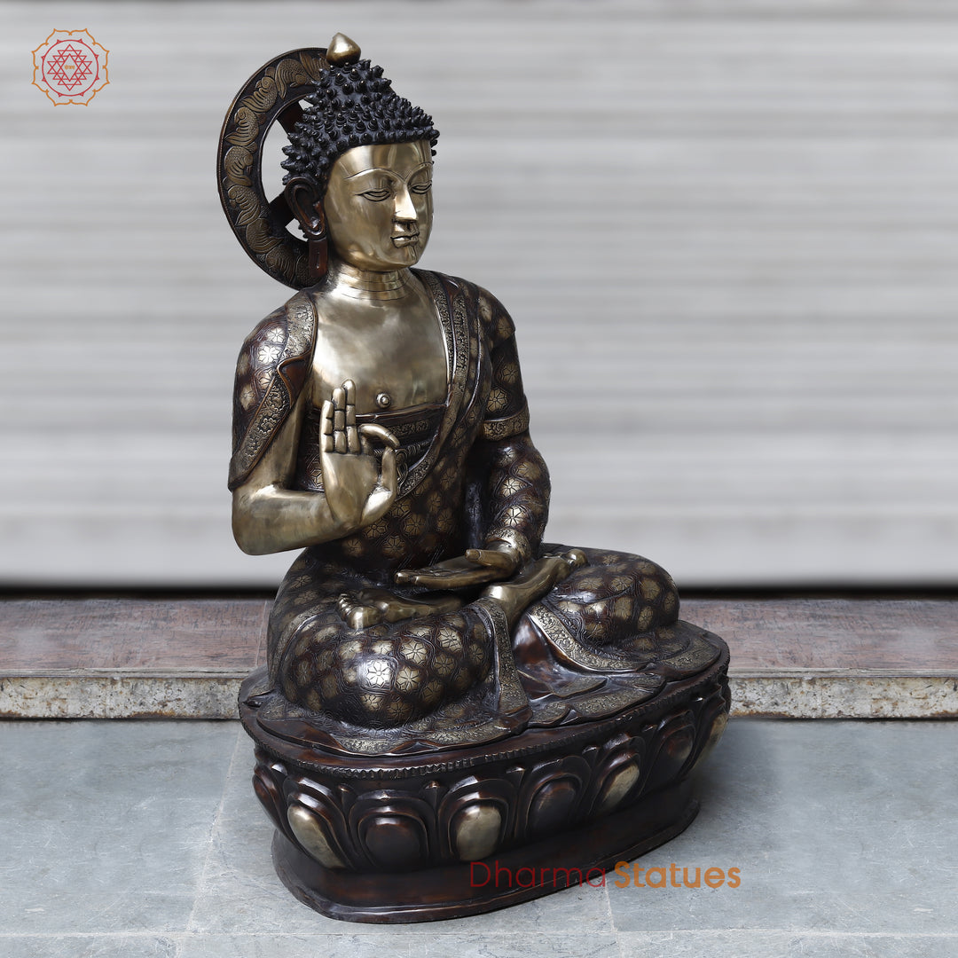 Brass Buddha seated With carving, Copper & Smooth Finish, 44"