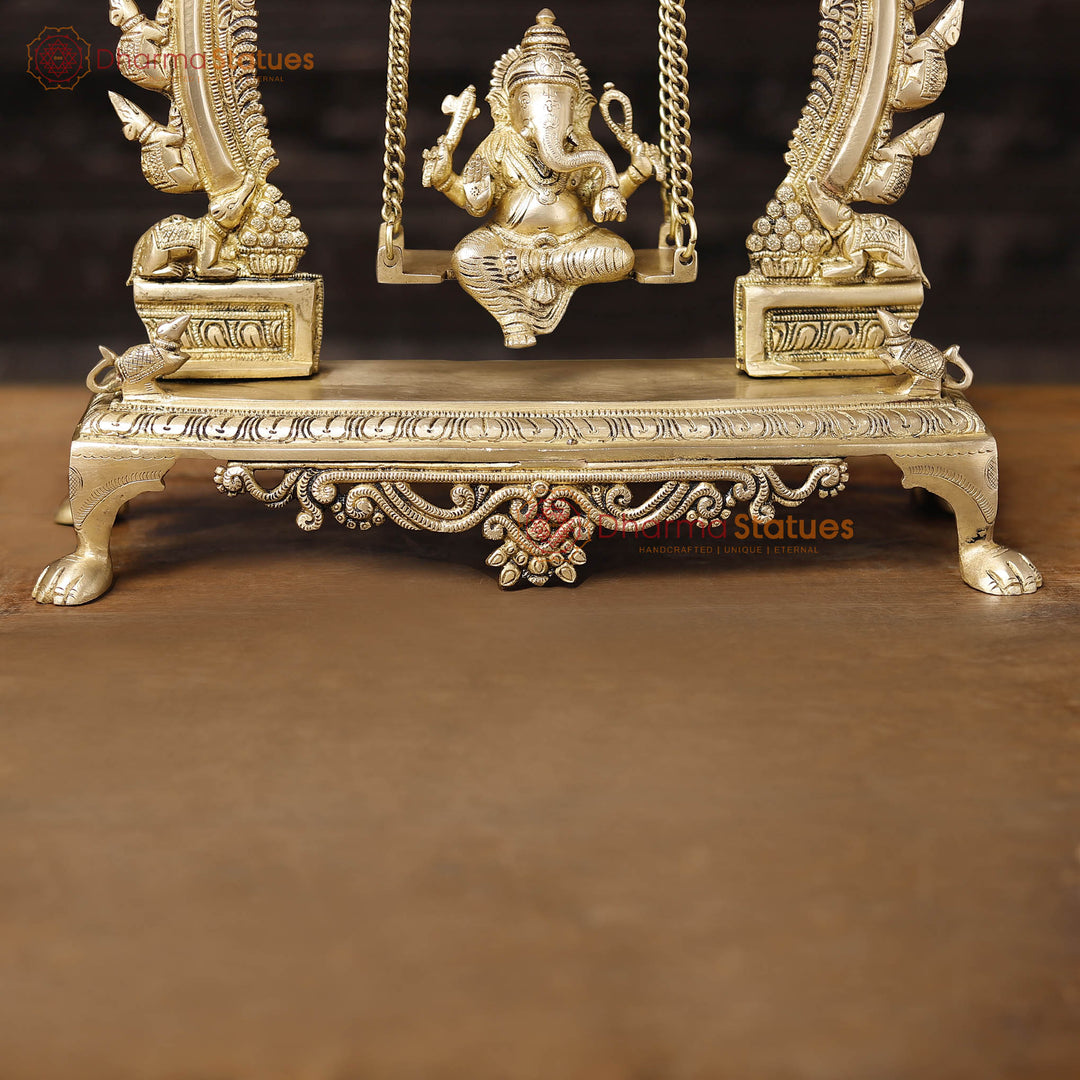 Brass Ganesh Jhula With Rat Frame, Smooth Golden Finish, 15.5"