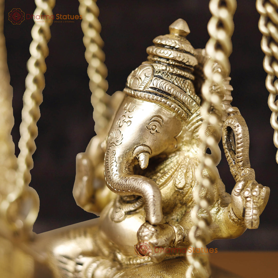 Brass Ganesh Jhula With Rat Frame, Smooth Golden Finish, 15.5"