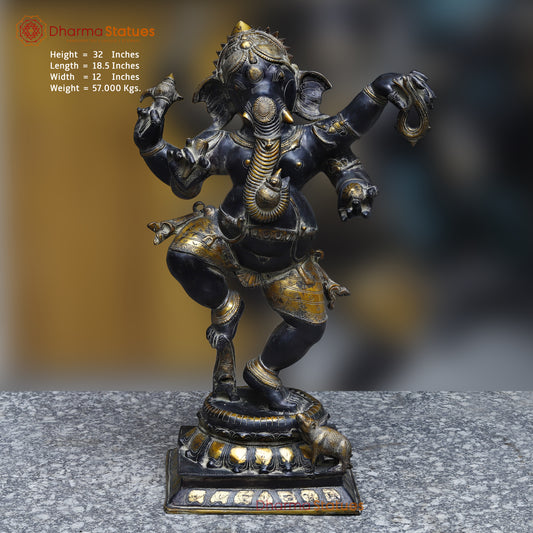 Brass Ganesh Dancing, Black Patina & Golden Finish, 42"