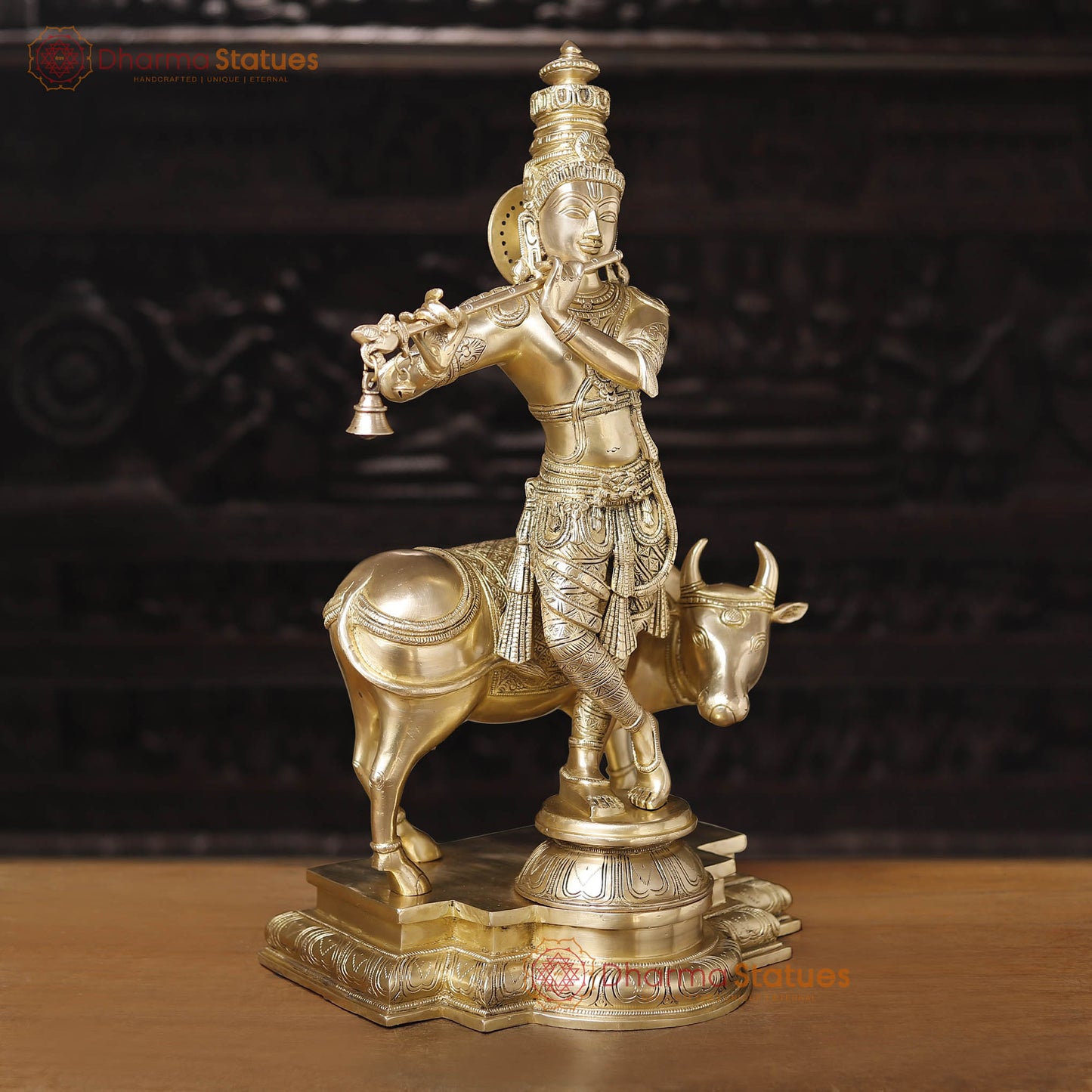 Brass Lord Krishna Statue with Cow, Golden Finish, 26"